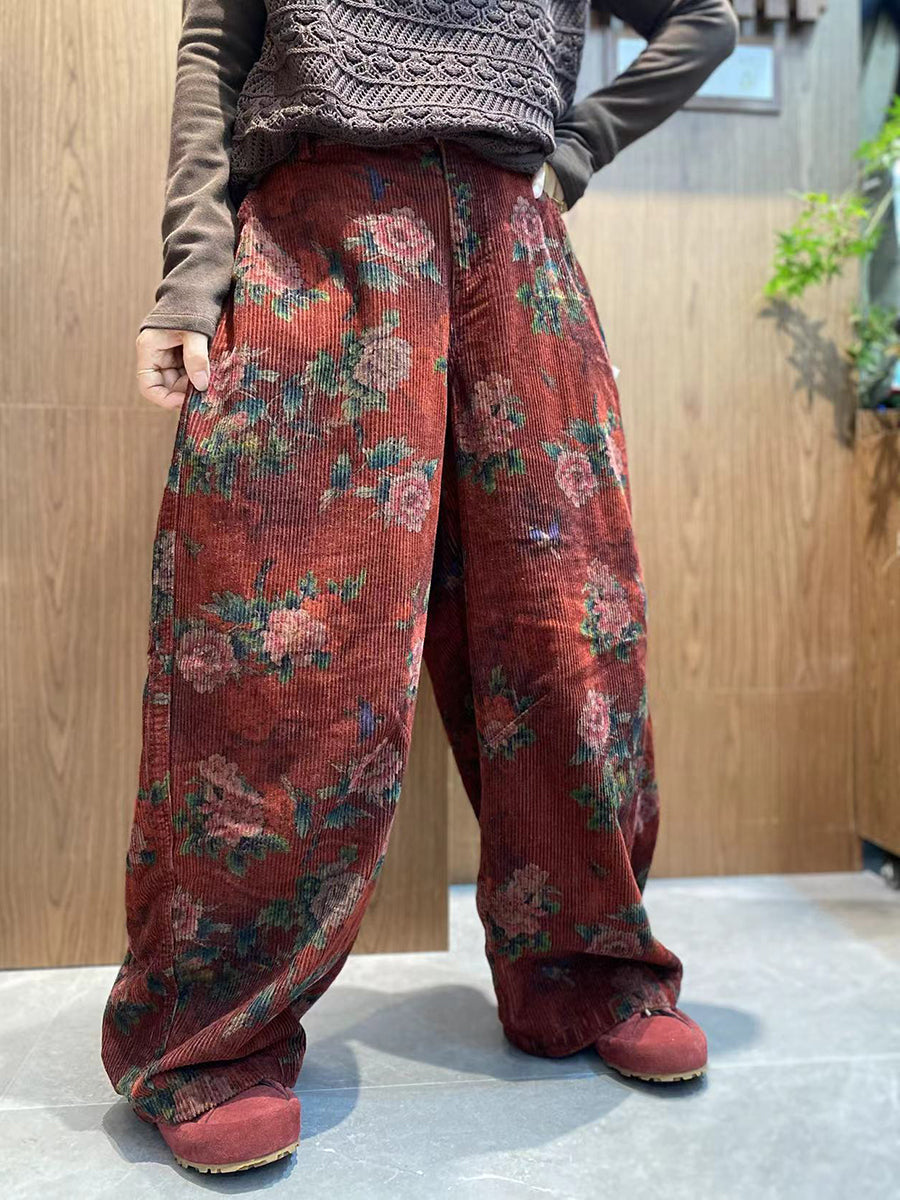 Women Autumn Retro Flower Corduroy Wide-leg Pants