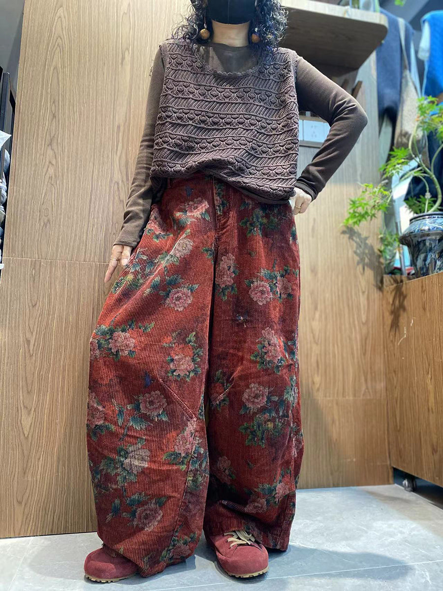 Women Autumn Retro Flower Corduroy Wide-leg Pants