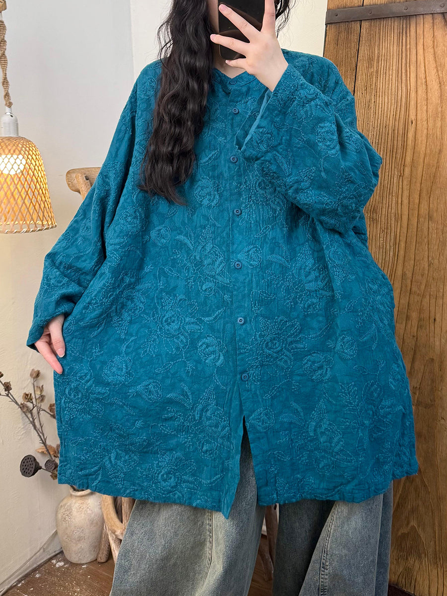 Women Autumn Artsy Embroidery Linen Stand Collar Shirt