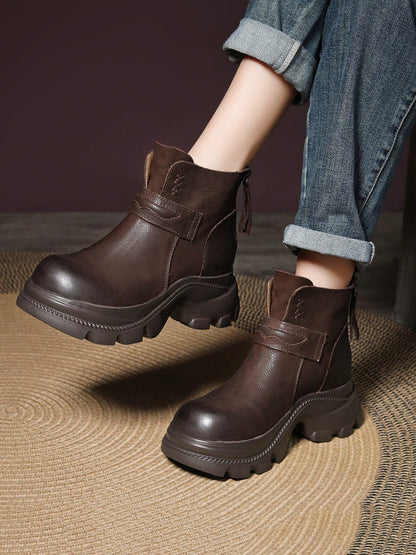 Women Vintage Genuine Leather Platform Ankle Boots