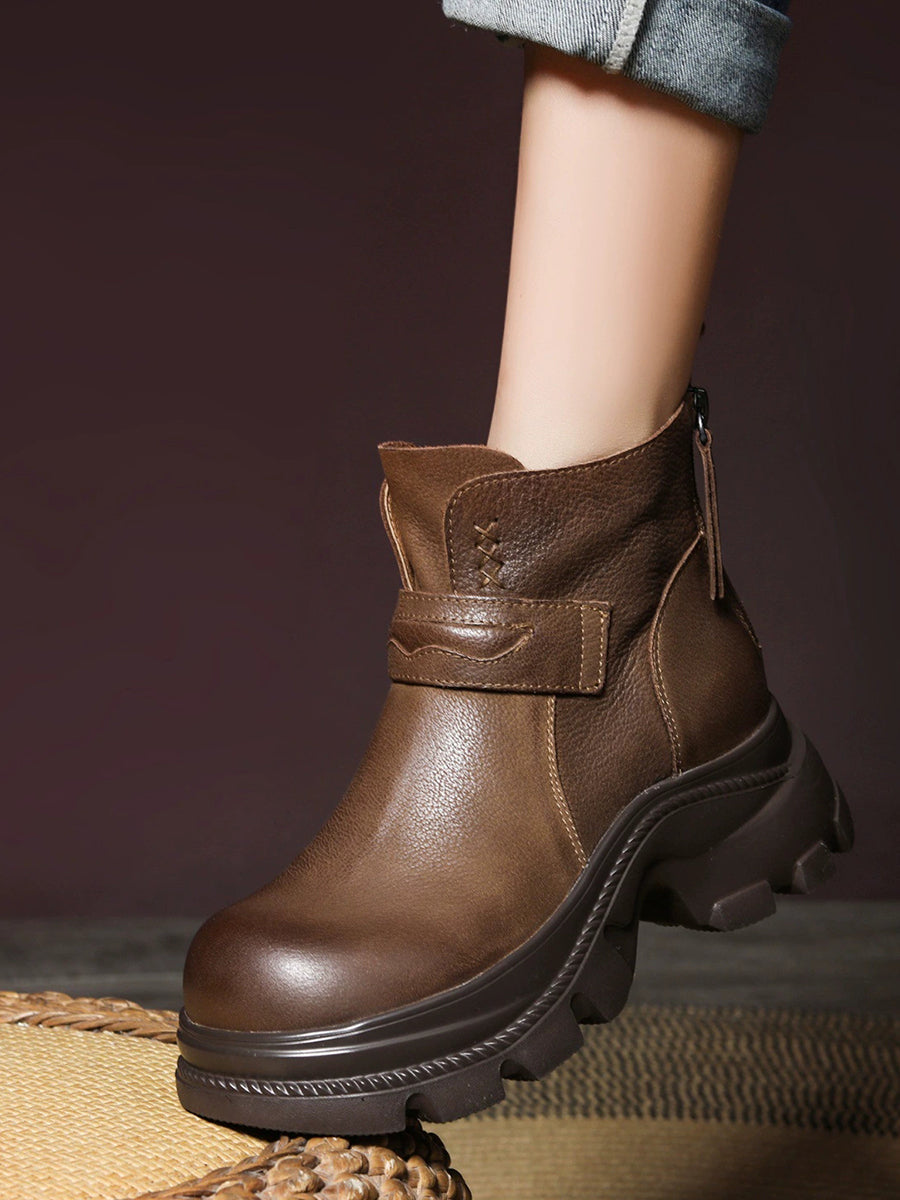 Women Vintage Genuine Leather Platform Ankle Boots