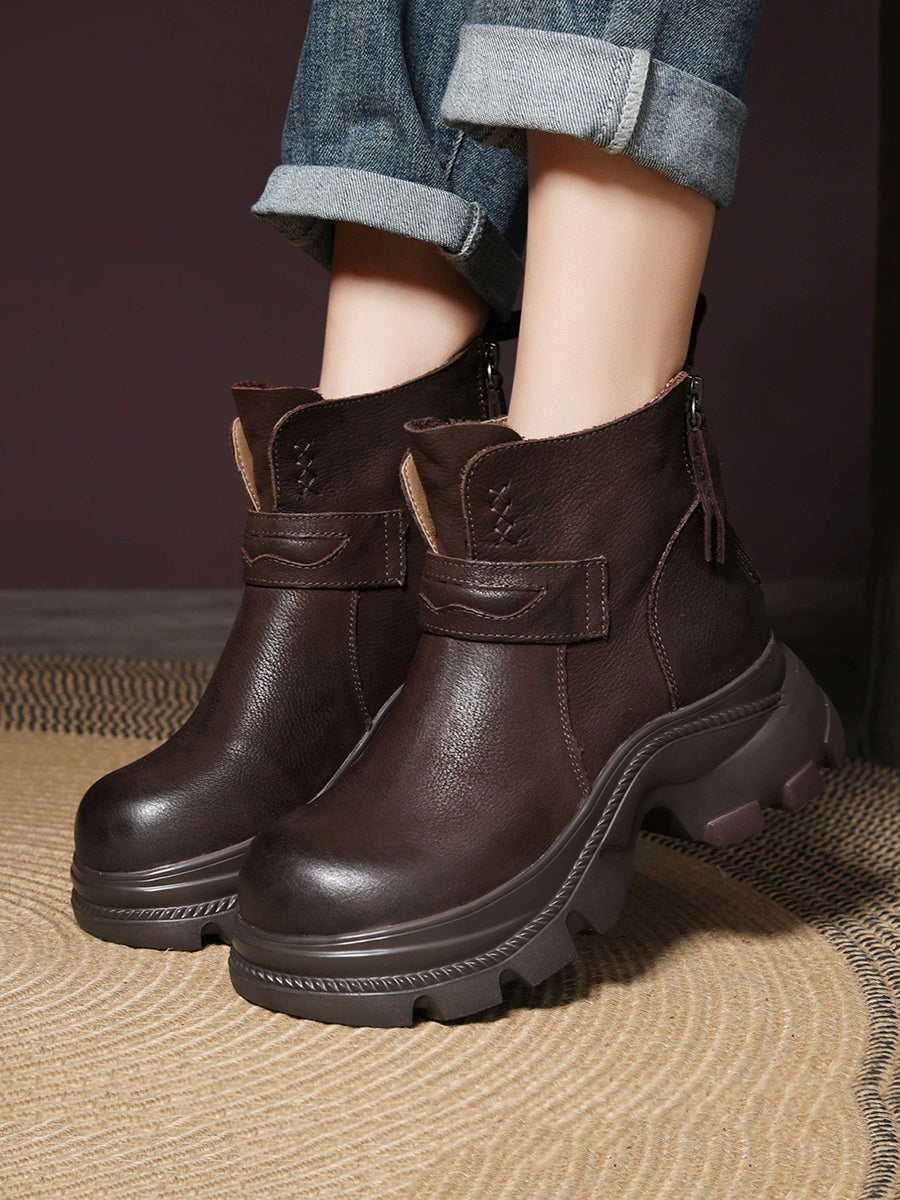 Women Vintage Genuine Leather Platform Ankle Boots