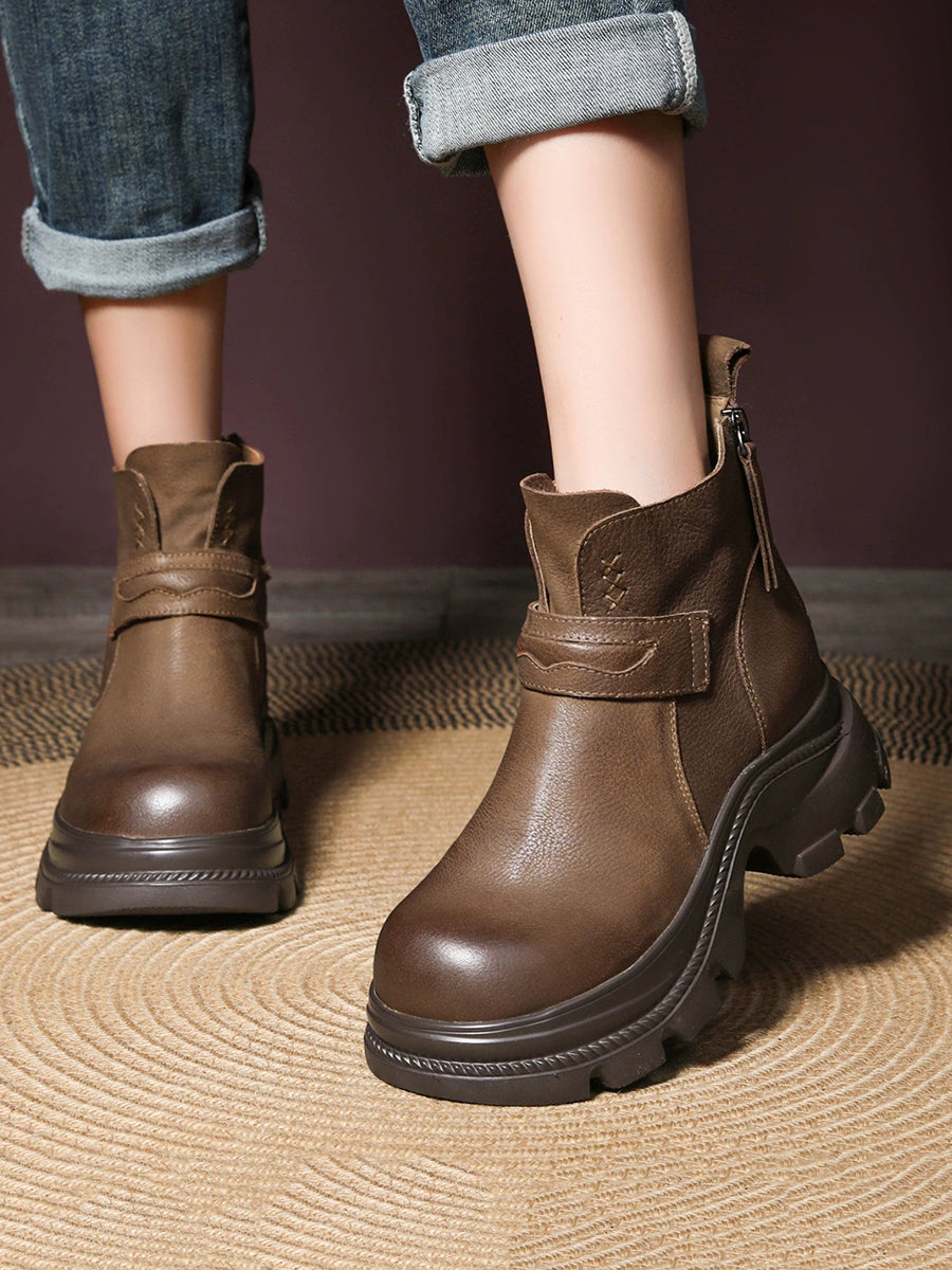 Women Vintage Genuine Leather Platform Ankle Boots