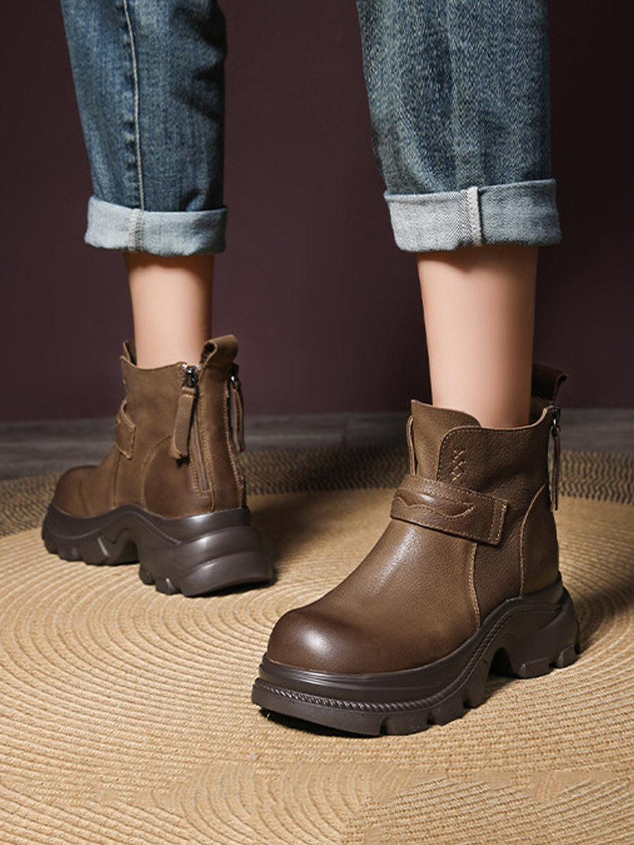Women Vintage Genuine Leather Platform Ankle Boots