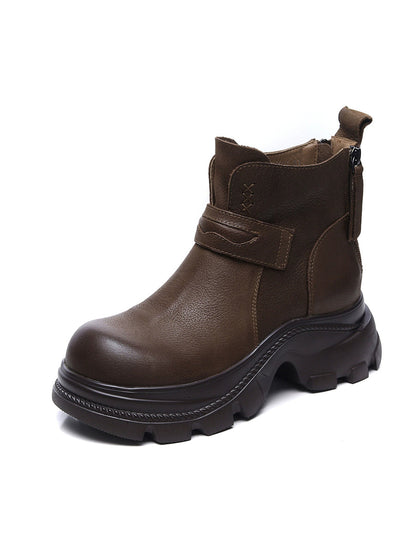 Women Vintage Genuine Leather Platform Ankle Boots
