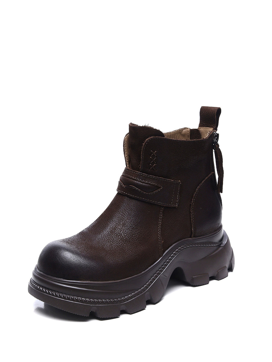Women Vintage Genuine Leather Platform Ankle Boots