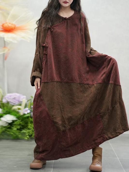 Women Autumn Colorblock O-Neck 100%Cotton Maxi Dress