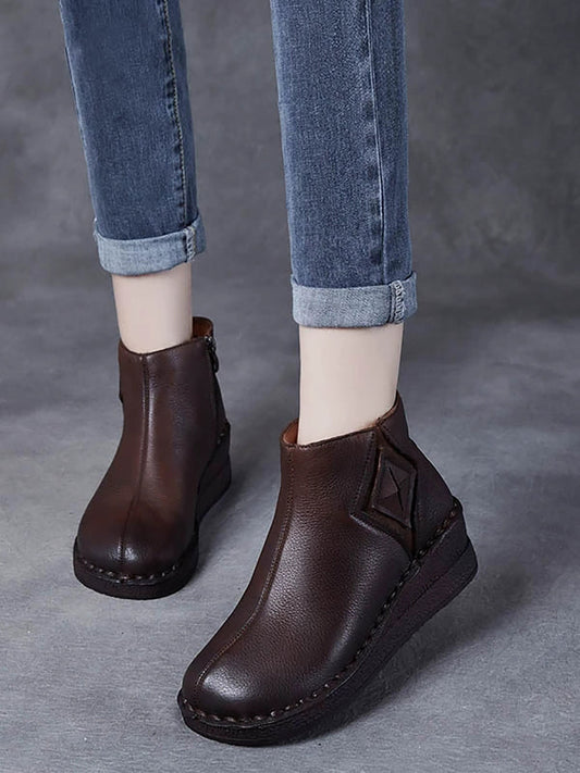Women Vintage Genuine Leather Spliced Platform Boots