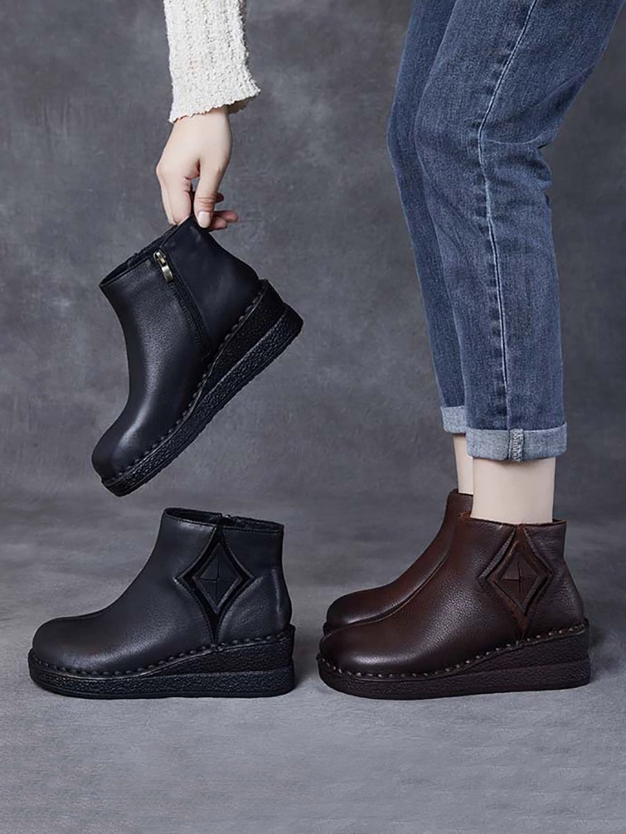 Women Vintage Genuine Leather Spliced Platform Boots