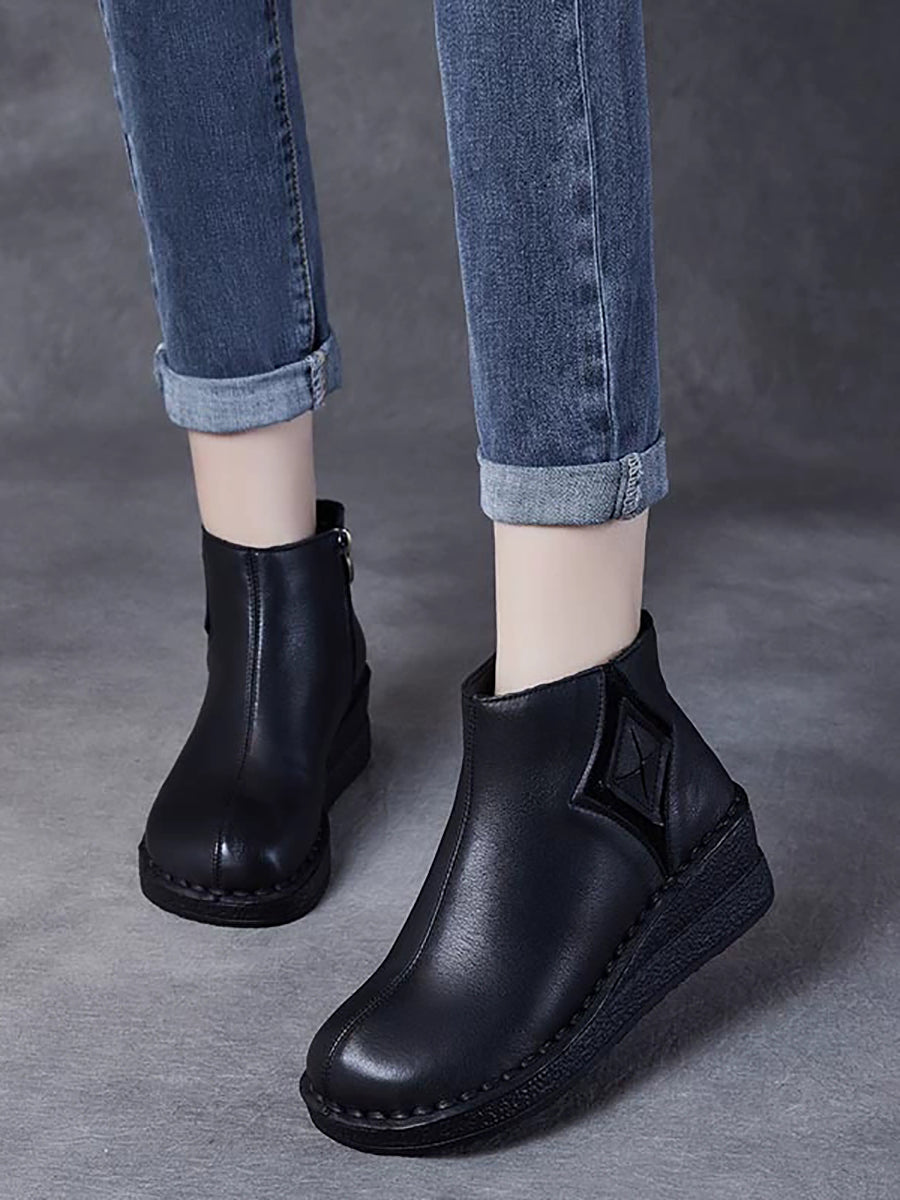 Women Vintage Genuine Leather Spliced Platform Boots