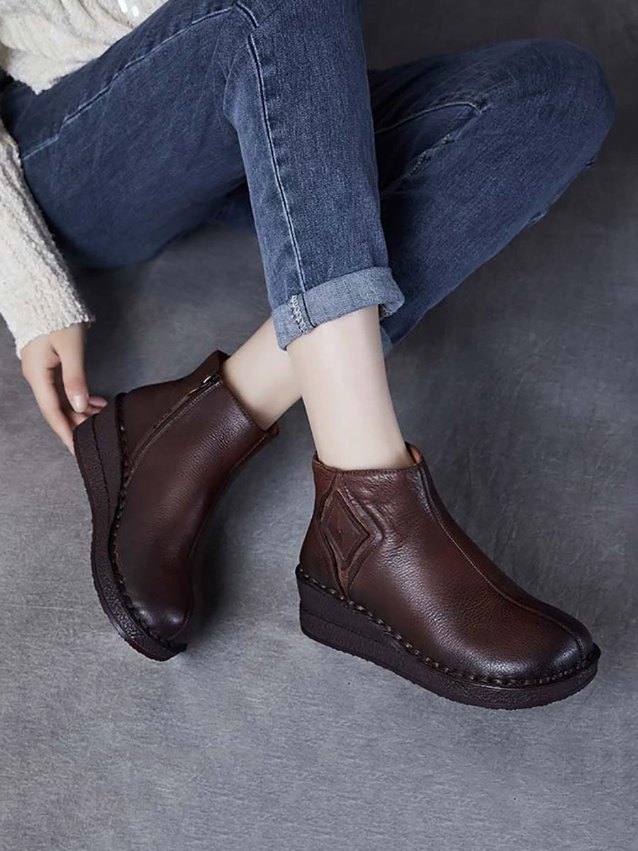 Women Vintage Genuine Leather Spliced Platform Boots