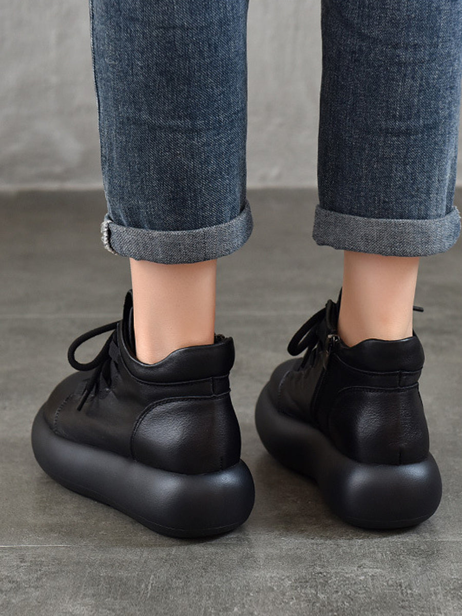 Women Vintage Genuine Leather Spliced Platform Boots