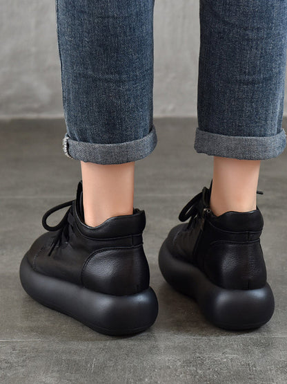 Women Vintage Genuine Leather Spliced Platform Boots