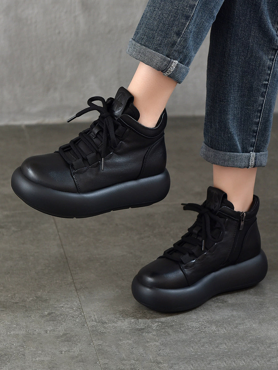 Women Vintage Genuine Leather Spliced Platform Boots