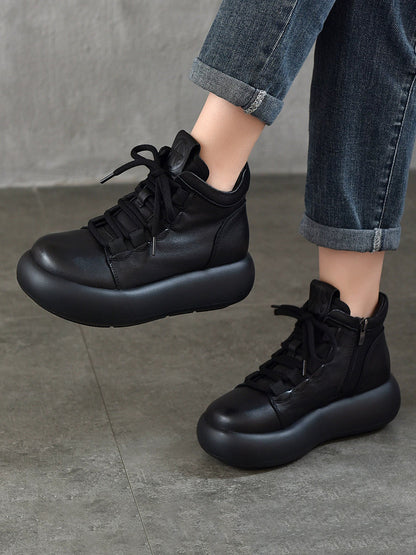 Women Vintage Genuine Leather Spliced Platform Boots