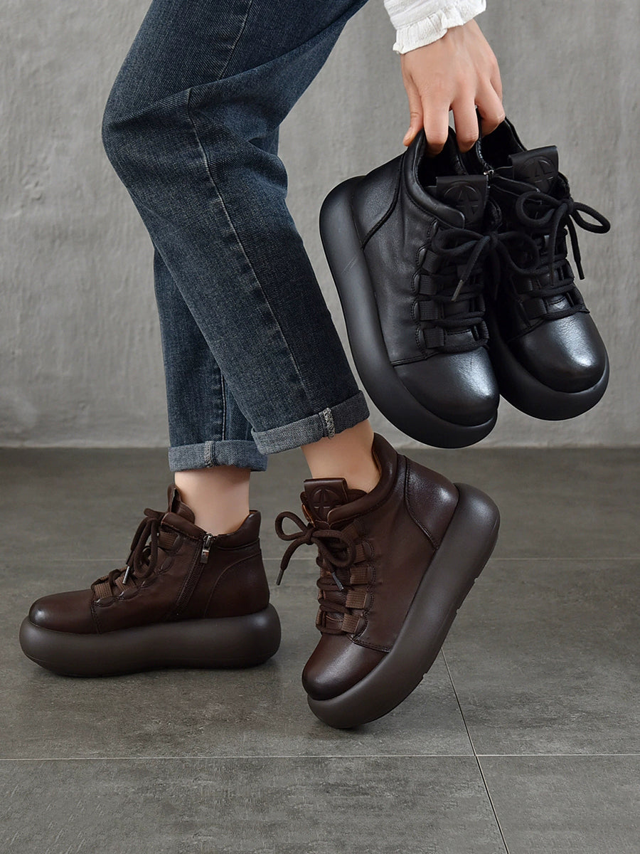 Women Vintage Genuine Leather Spliced Platform Boots