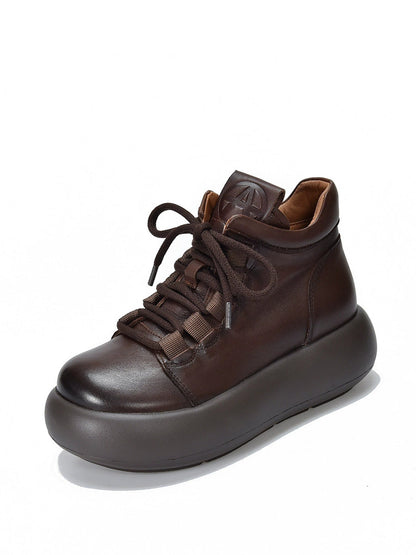 Women Vintage Genuine Leather Spliced Platform Boots