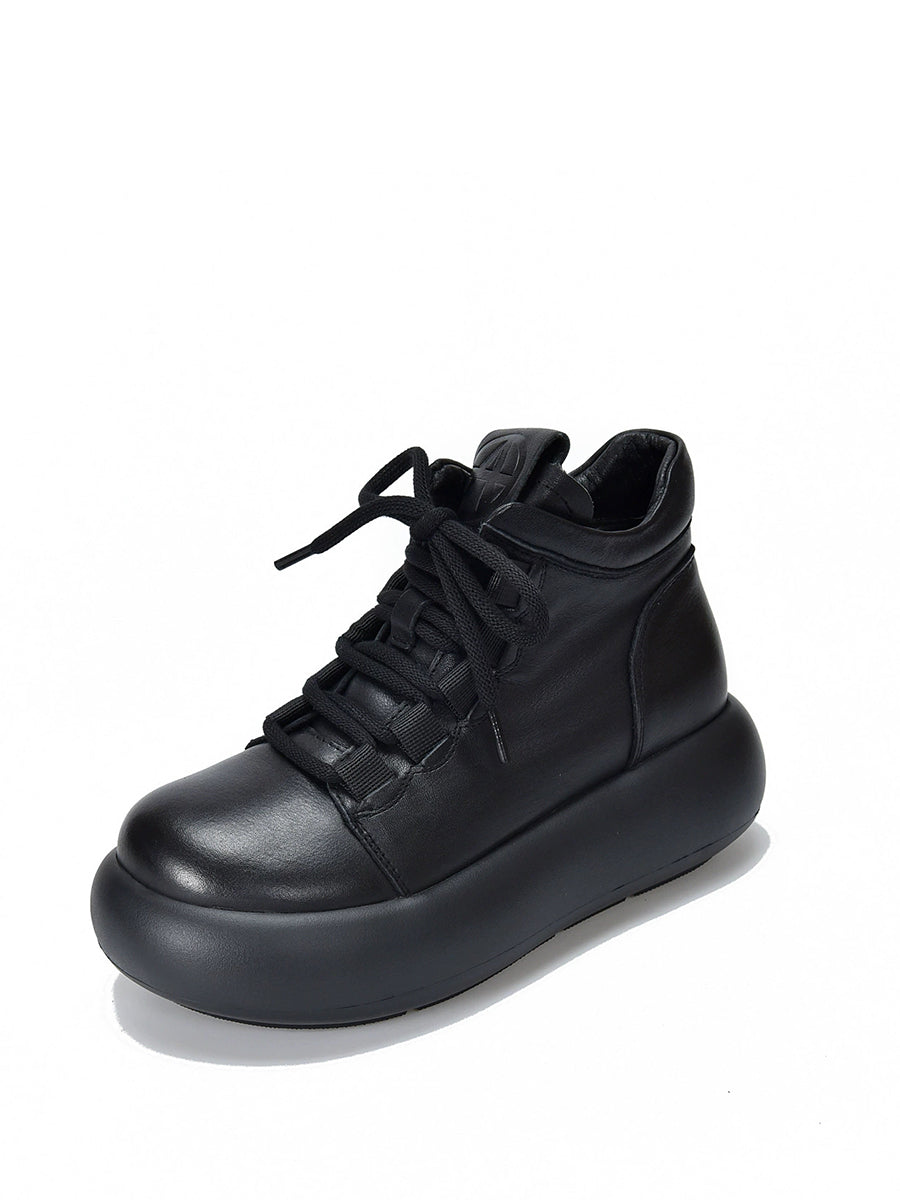 Women Vintage Genuine Leather Spliced Platform Boots