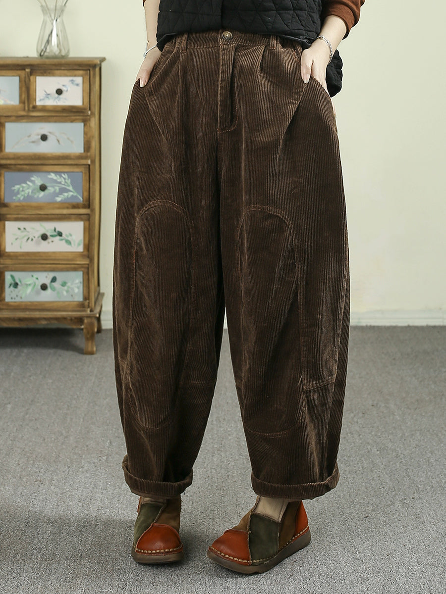 Women Autumn Retro Pure Color Corduroy Harem Pants