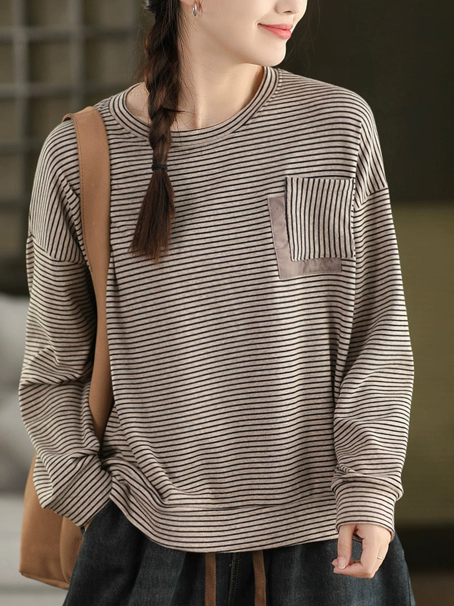 Women Autumn Artsy Stripe Cotton O-Neck Shirt