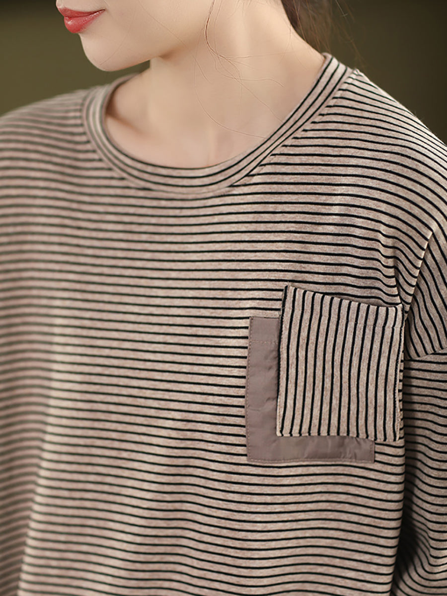 Women Autumn Artsy Stripe Cotton O-Neck Shirt