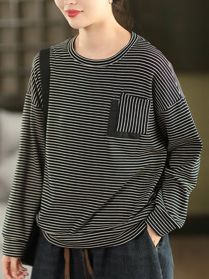 Women Autumn Artsy Stripe Cotton O-Neck Shirt