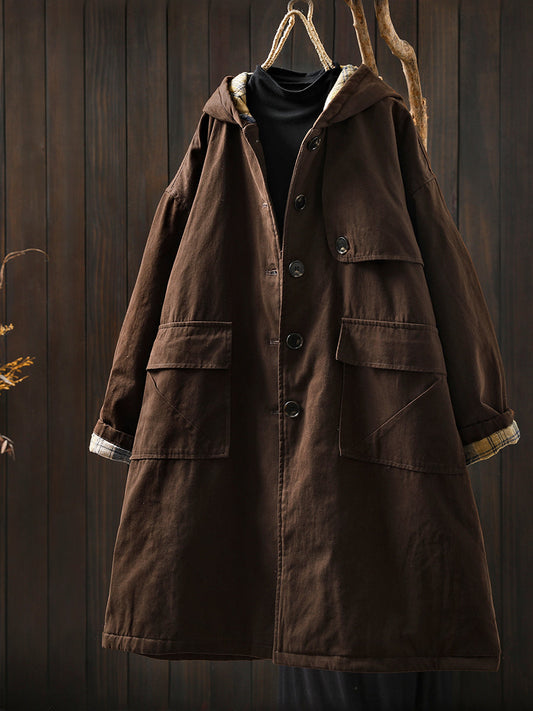 Women Autumn Vintage Pure Color Cotton Hooded Coat