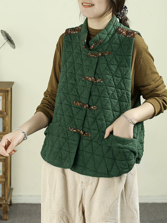 Women Autumn Ethnic Patchwork Stand Collar Padded Vest