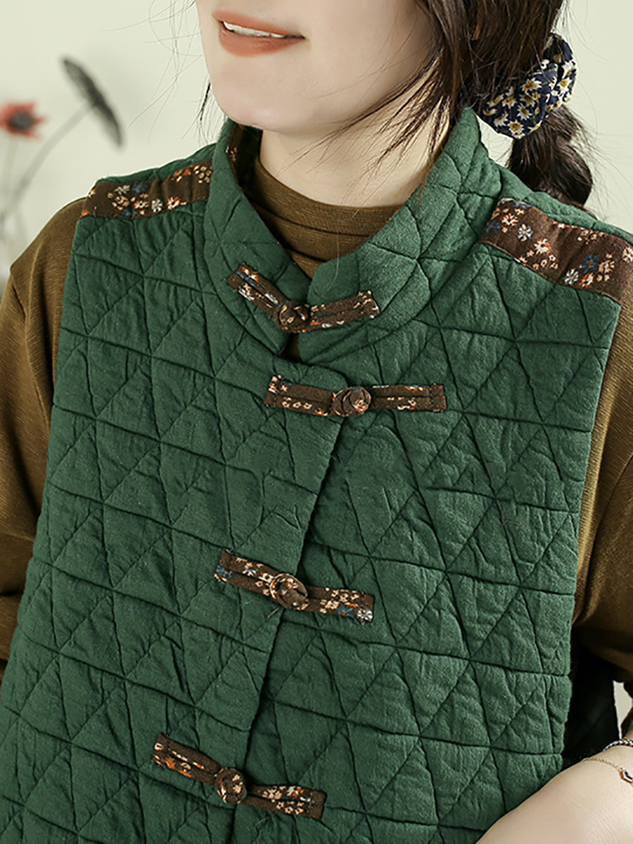 Women Autumn Ethnic Patchwork Stand Collar Padded Vest