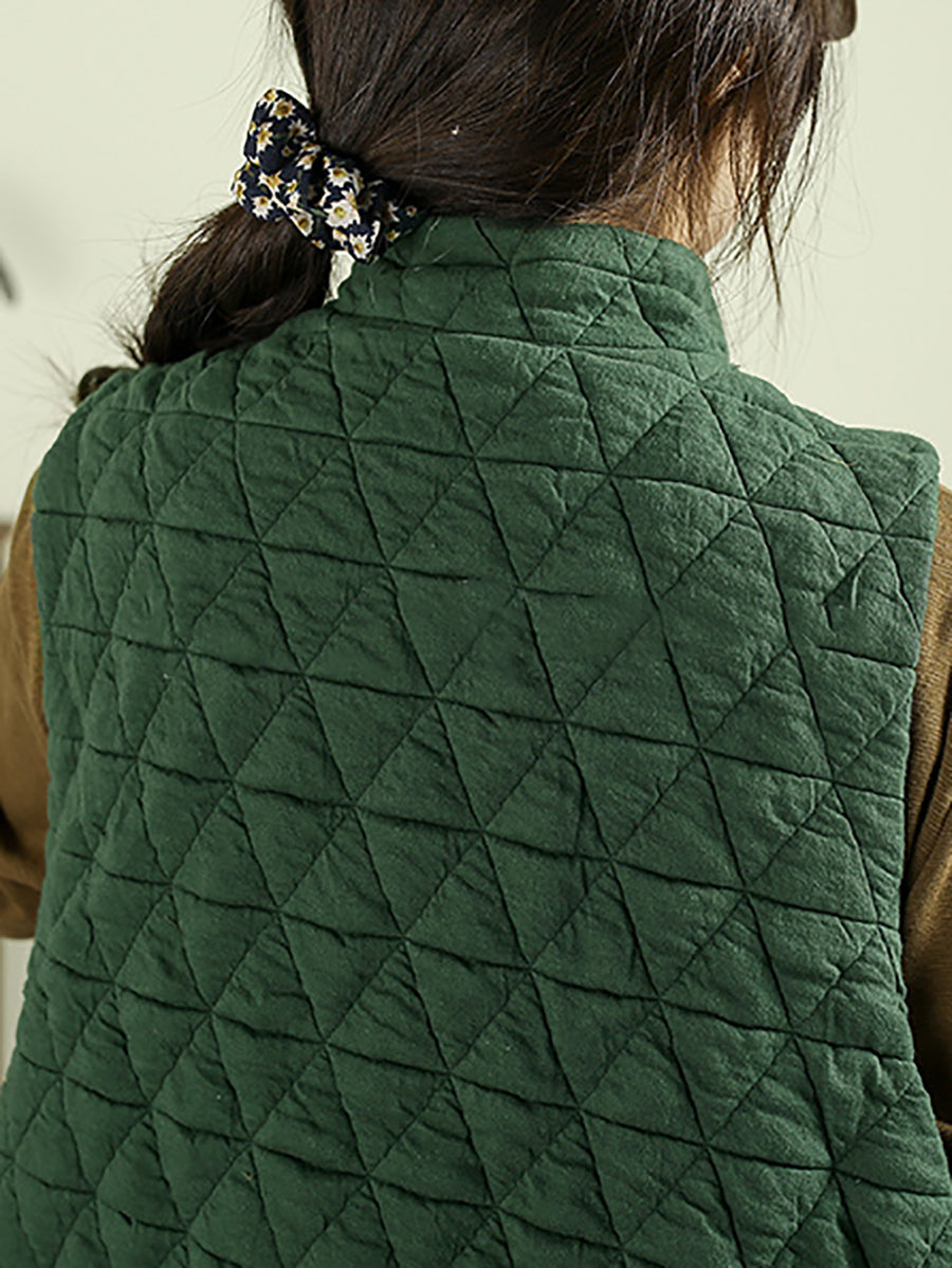 Women Autumn Ethnic Patchwork Stand Collar Padded Vest