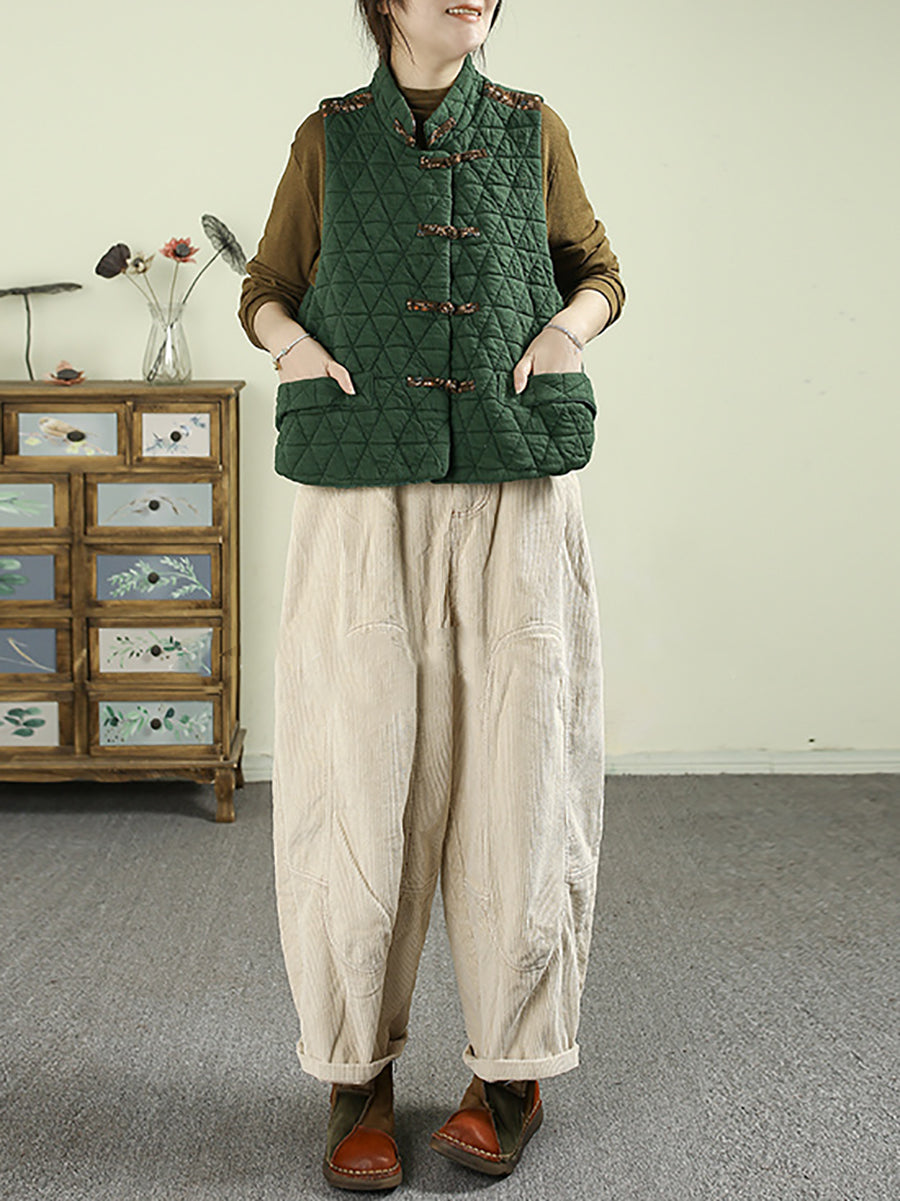 Women Autumn Ethnic Patchwork Stand Collar Padded Vest