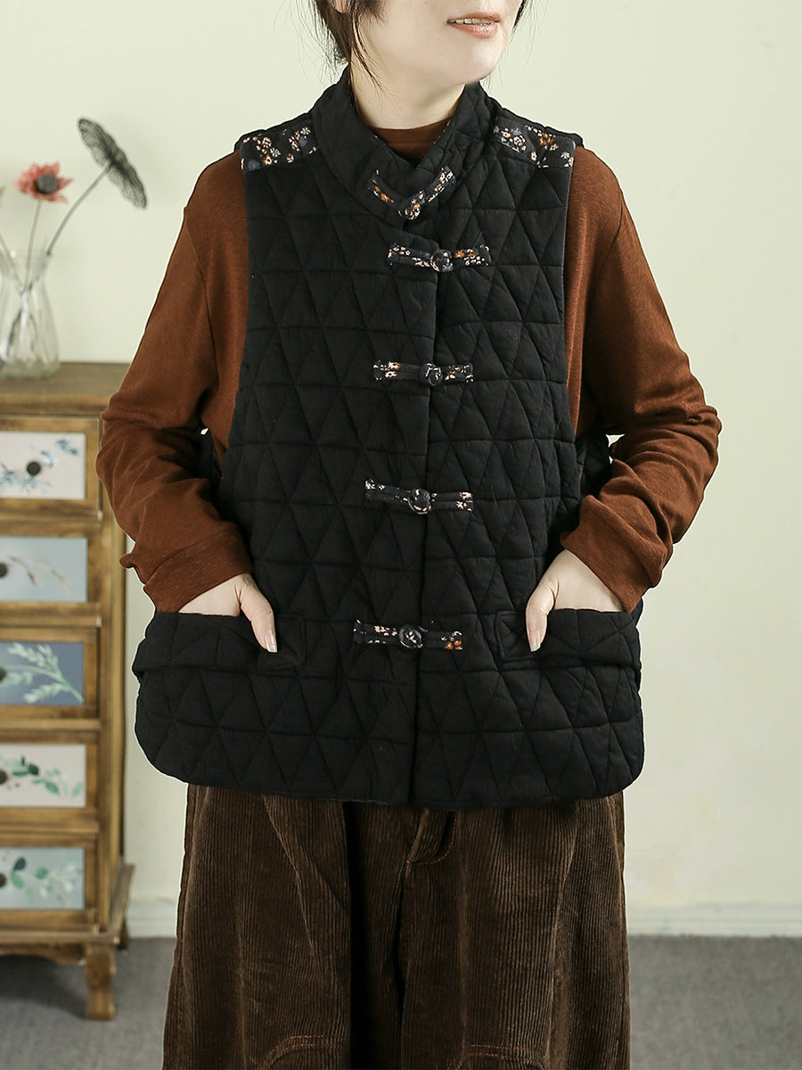 Women Autumn Ethnic Patchwork Stand Collar Padded Vest