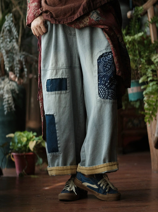 Women Vintage Patch Spliced Denim Wide-leg Pants