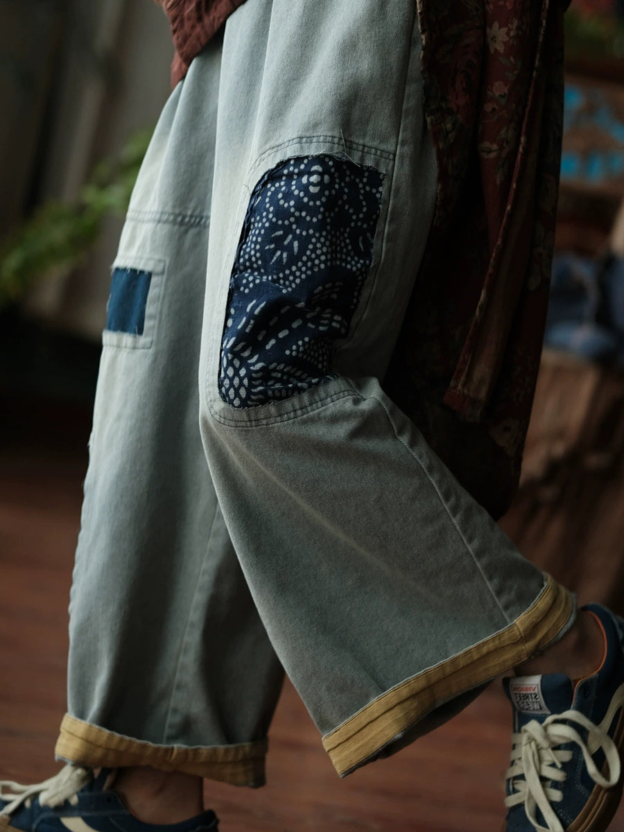 Women Vintage Patch Spliced Denim Wide-leg Pants