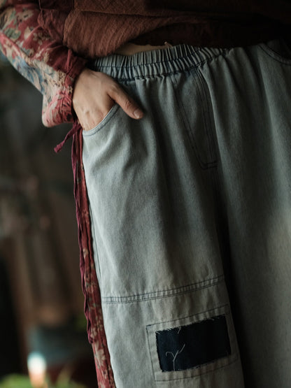 Women Vintage Patch Spliced Denim Wide-leg Pants