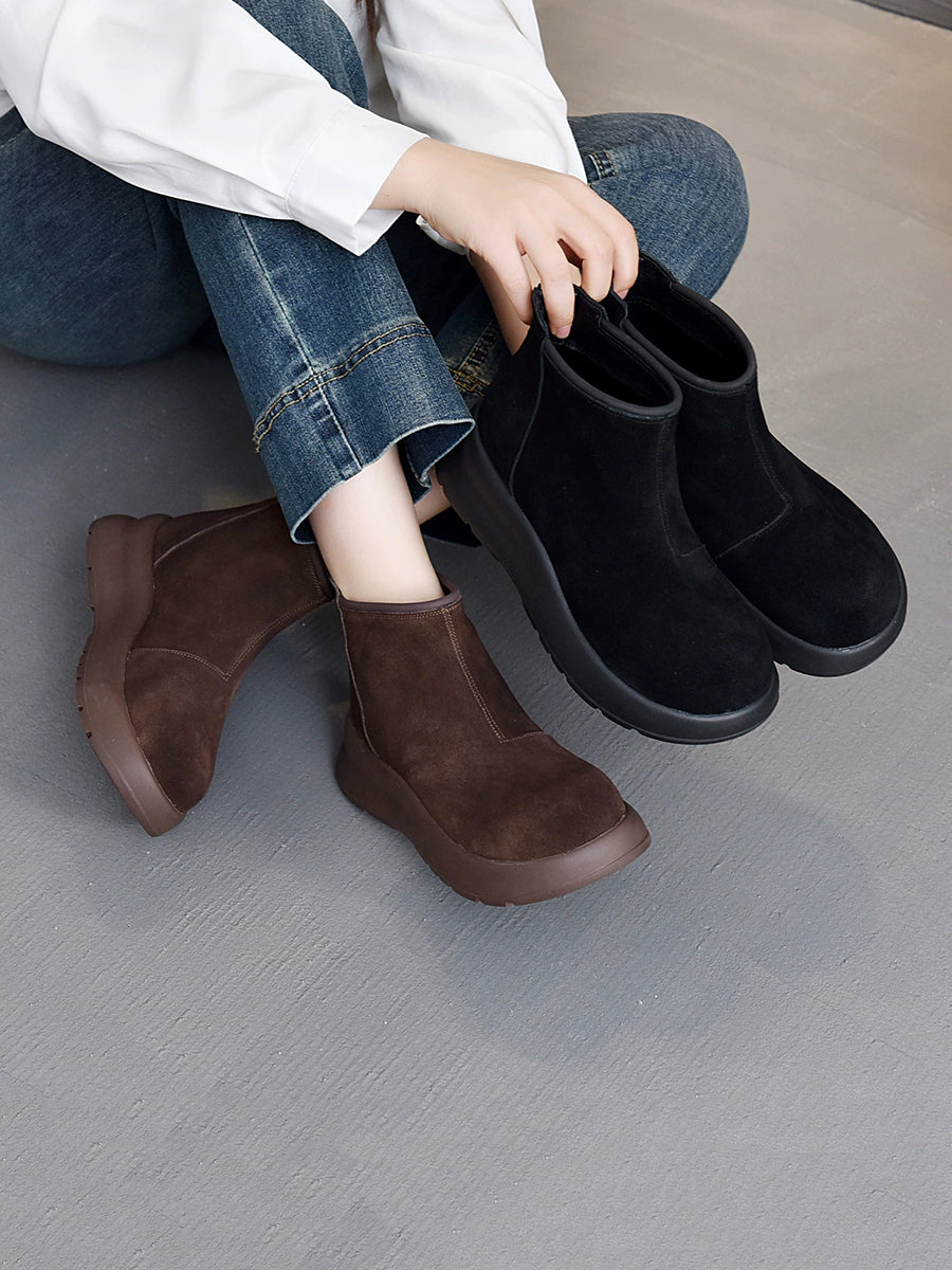 Women Vintage Genuine Leather Platform Ankle Boots