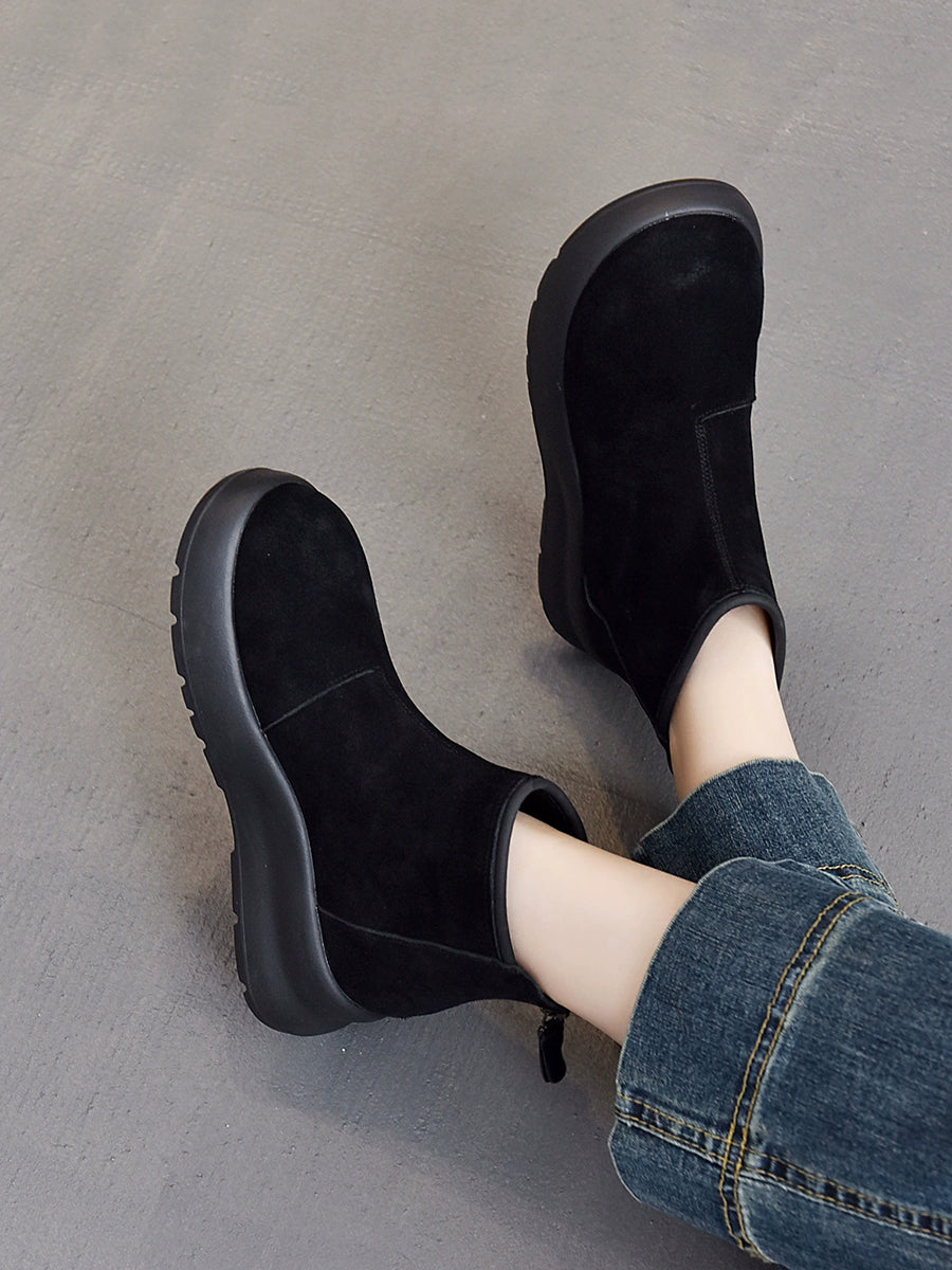 Women Vintage Genuine Leather Platform Ankle Boots