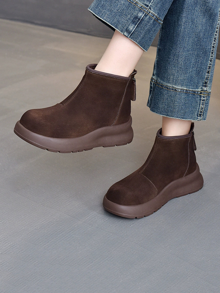 Women Vintage Genuine Leather Platform Ankle Boots