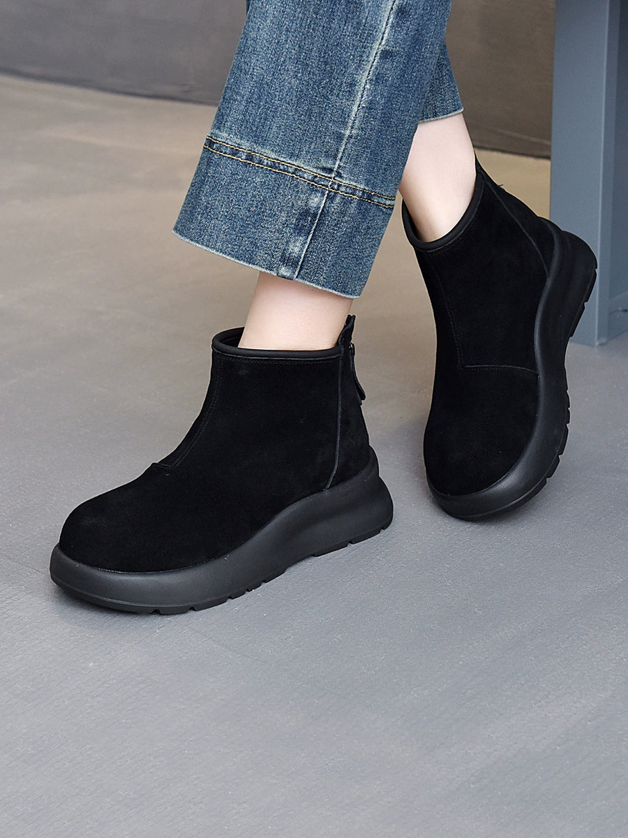 Women Vintage Genuine Leather Platform Ankle Boots