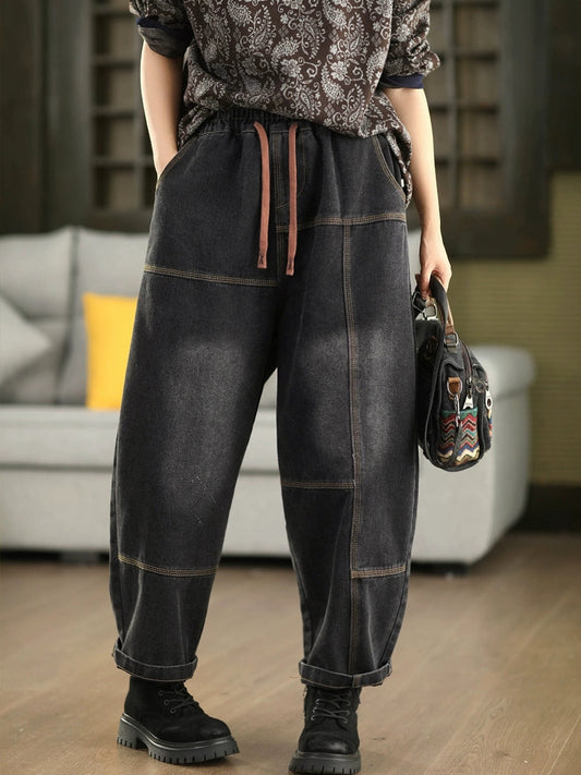 Women Autumn Retro Spliced Denim Harem Pants