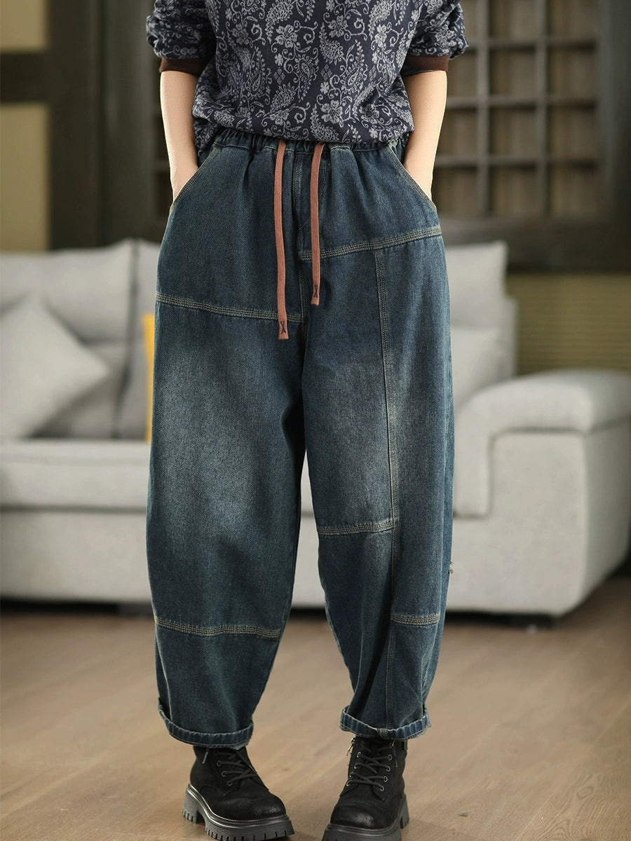Women Autumn Retro Spliced Denim Harem Pants