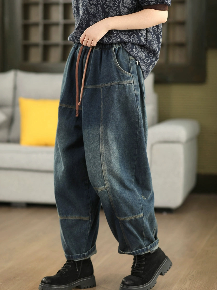 Women Autumn Retro Spliced Denim Harem Pants