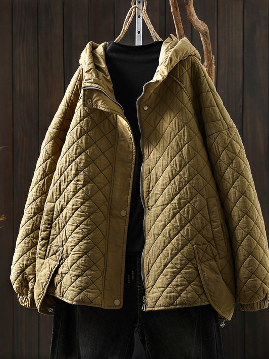 Women Autumn Vintage Pure Color Cotton Hooded Jacket