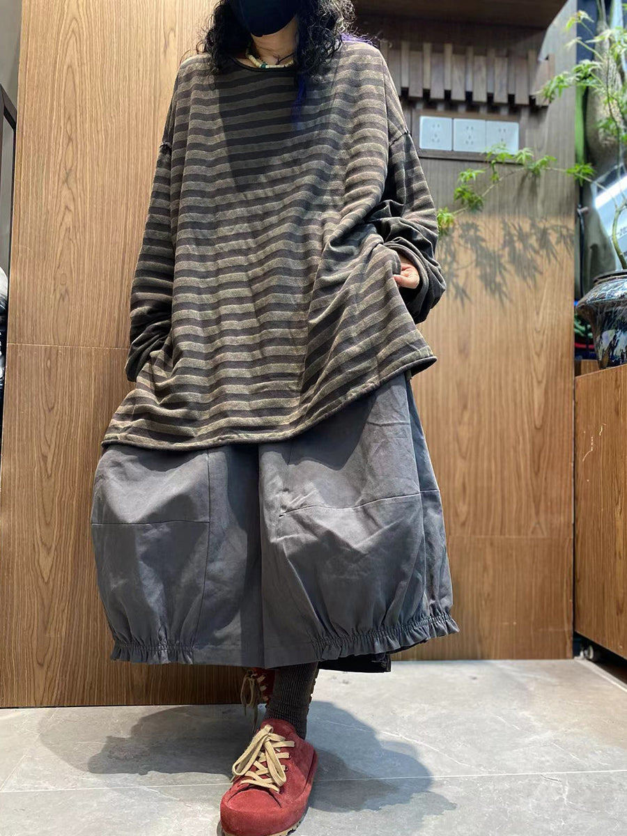 Women Autumn Vintage Stripe 100%Cotton O-Neck Blouse