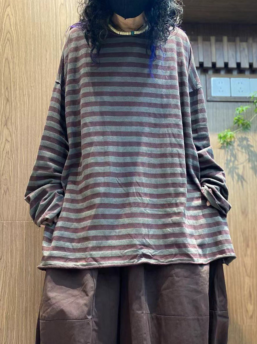 Women Autumn Vintage Stripe 100%Cotton O-Neck Blouse