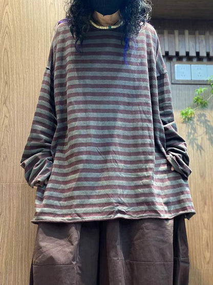 Women Autumn Vintage Stripe 100%Cotton O-Neck Blouse