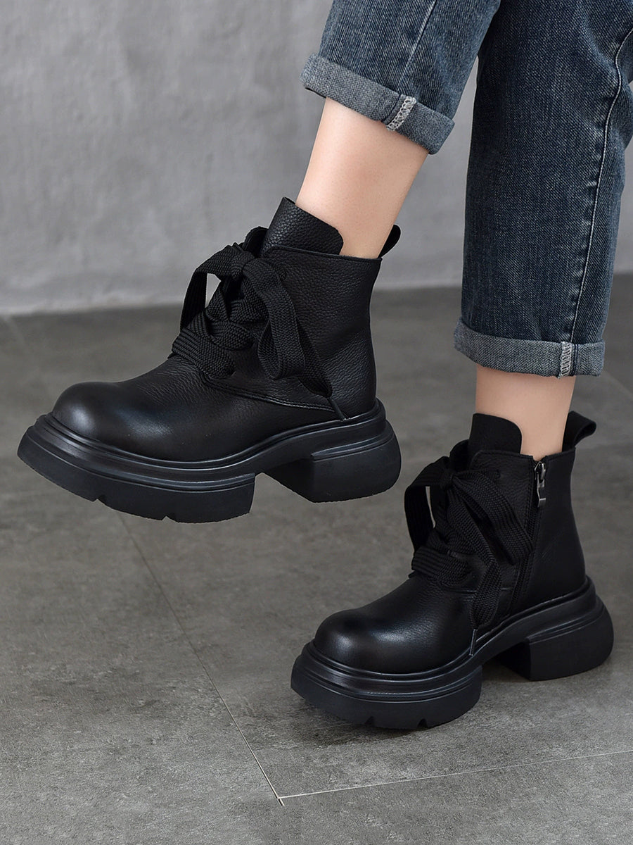 Women Vintage Genuine Leather Strap Platform Boots
