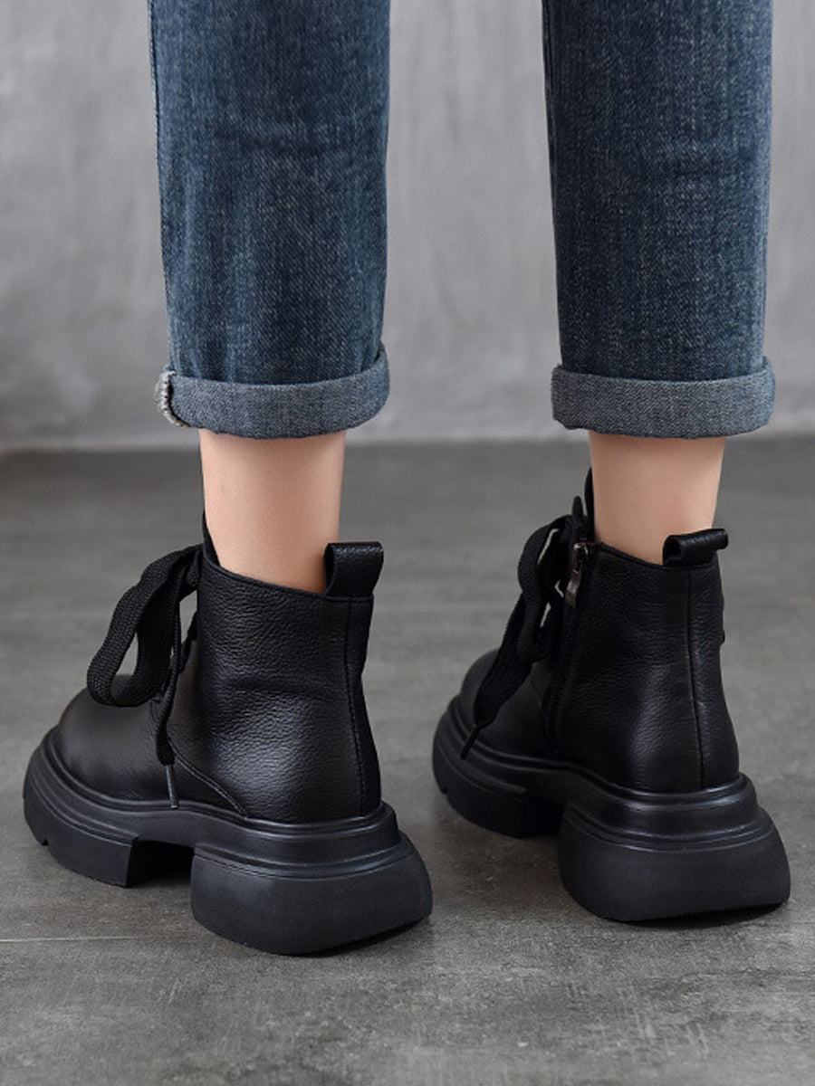 Women Vintage Genuine Leather Strap Platform Boots