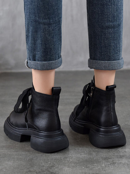 Women Vintage Genuine Leather Strap Platform Boots