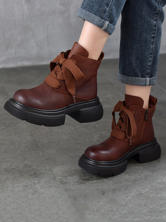 Women Vintage Genuine Leather Strap Platform Boots